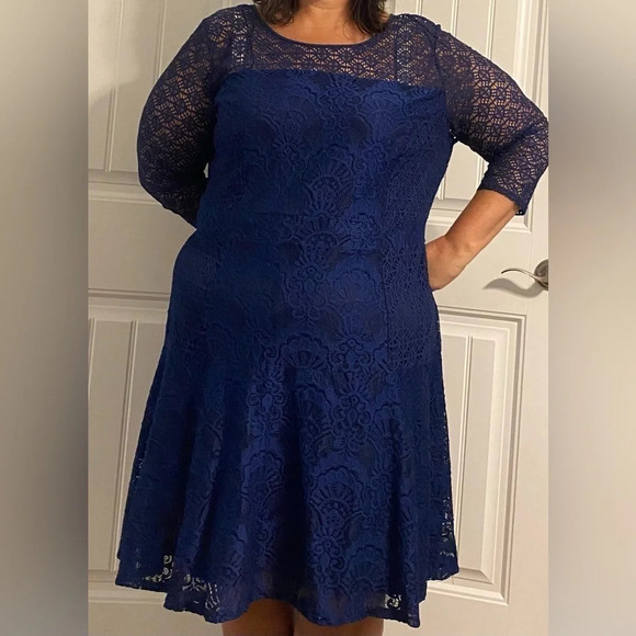 Navy blue dress women’s size 3x plus size lace overlay wedding cocktail - Picture 1 of 4